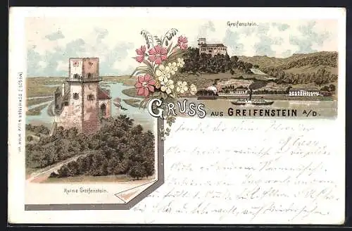 Lithographie Greifenstein a. D., Ruine Greifenstein, Uferpartie