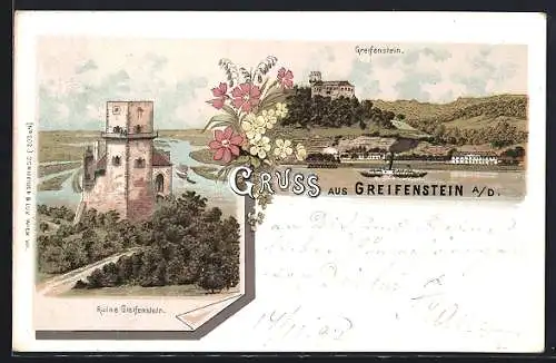 Lithographie Greifenstein an der Donau, Ruine Greifenstein und Ortsansicht