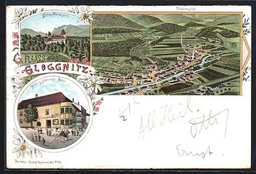 Lithographie Gloggnitz, Hotel zum schwarzen Adler, Schloss Wartenstein, Gesamtansicht aus der Vogelschau