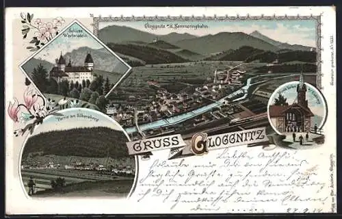 Lithographie Gloggnitz a. d. Semmeringbahn, Silbersberg-Partie, Schloss Wartenstein, Gesamtansicht aus der Vogelschau