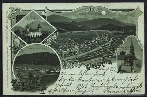 Mondschein-Lithographie Gloggnitz a. d. Semmeringbahn, Silbersberg-Partie, Schloss Wartenstein, Gesamtansicht