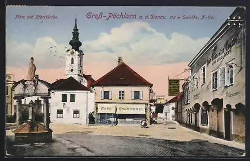 AK Gross-Pöchlarn a. d. Donau, Platz mit Cafe-Konditorei, Gasthof z. gold. Adler, Denkmal u. Pfarrkirche