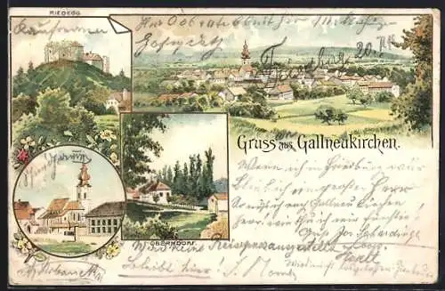 Lithographie Gallneukirchen, Blick auf den Ort, Riedegg, Oberndorf