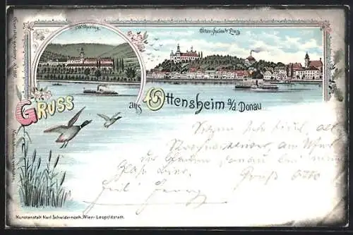 Lithographie Ottensheim a / d. Donau, Teilansicht, Wilhering