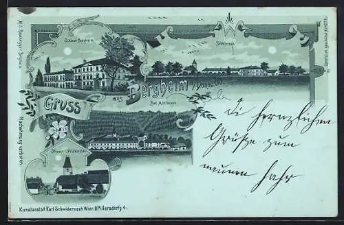 Mondschein-Lithographie Feldkirchen a. Donau, Schloss Bergheim, Strasse und Bad Mühlacken