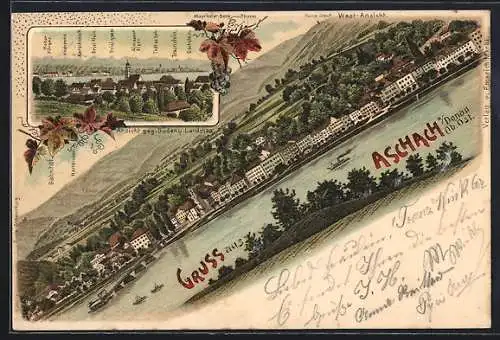 Lithographie Aschach a. Donau, Ansicht gegen Süden und Landshag, West-Ansicht