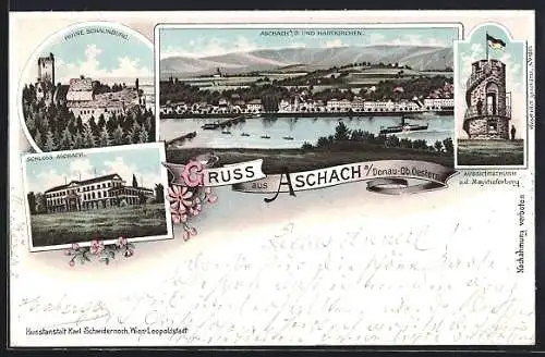 Lithographie Aschach a. Donau, Aussichtsturm, Schloss Aschach und Ruine Schaunburg