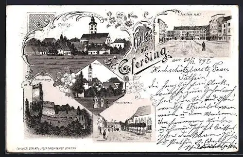 Lithographie Eferding, Kirchenplatz, Unterer Platz, Schaumburg