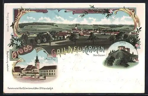 Lithographie Gallneukirchen, Markt-Platz, Riedegg, Panoramablick auf den Ort