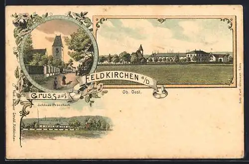 Lithographie Feldkirchen a. D., Schloss Pesenbach, Strassenpartie mit Turm, Teilansicht