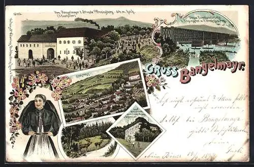 Lithographie Steyregg, Gasthaus Bangelmayr, Donau-Eisenbahnbrücke, Graf Weissenwolffs neues Schloss, Frau in Tracht