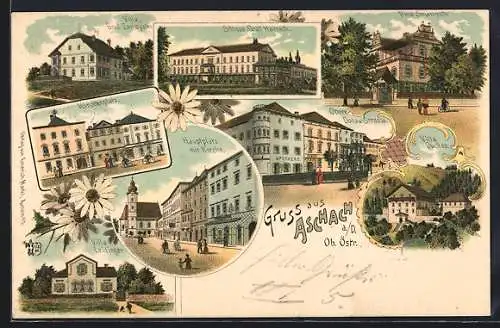 Lithographie Aschach a. D., Obere Donaustrasse, Kirchenplatz und Villa Graf Zamoyski