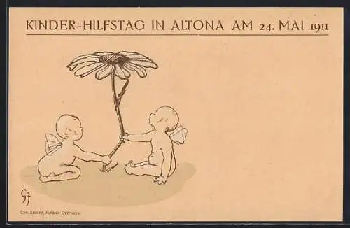 AK Hamburg-Altona, Zwei Engelchen mit grosser Blume, Kinderhilfstag 1911