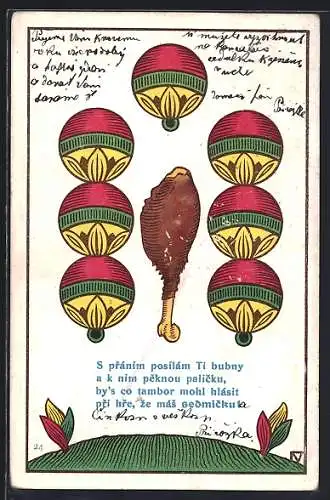 AK Spielkarte mit Hähnchenkeule und sieben Kugeln