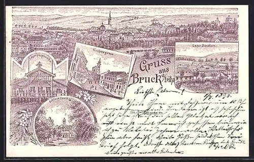 Vorläufer-Lithographie Bruck a. Leitha, 1895, Kirchengasse, Lager Hauptwache, Schloss Harrach