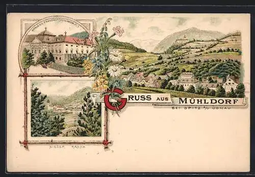 Lithographie Mühldorf bei Spitz a. d. Donau, Heilanstalt Schloss Prandhof, Nieder Ranna, Panorama