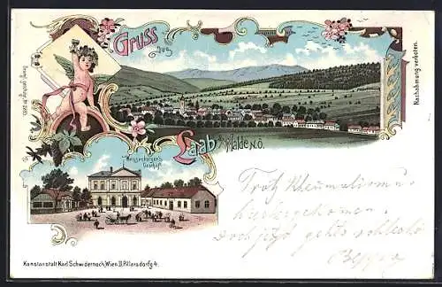 Lithographie Laab am Walde, Blick auf den Ort, Weissenberger's Gasthof, Engel