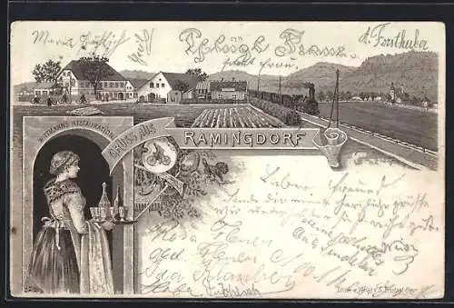 Lithographie Behamberg /N.-Oe., Gruss aus Ramingdorf, Wittmanns Restaurant an der Eisenbahnstrecke