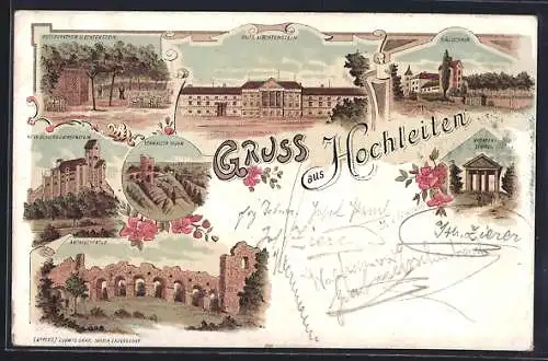 Lithographie Giesshübl /N.-Oe., Gruss aus Hochleiten, Restaurant & Burg Liechtenstein, Amphietheater, Wällischhof