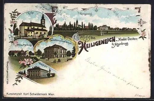 Lithographie Atzenbrugg, Gruss aus Heiligeneich, Geschäftshaus Josef Schwab, Kirche, Schloss, Volksschule