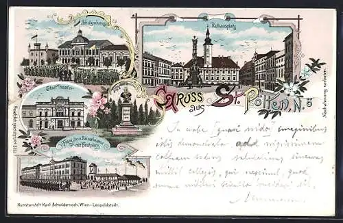 Lithographie St. Pölten /N. Ö., Schützenhaus, Stadttheater, Franz Josef und Rainerkaserne mit Festplatz