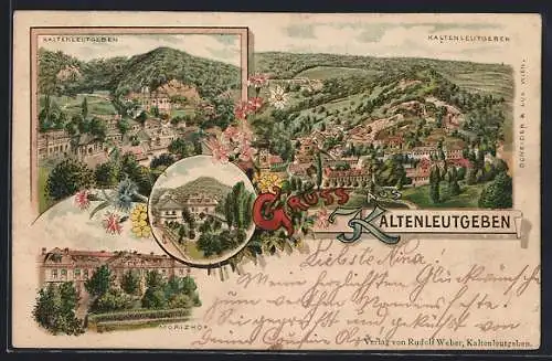 Lithographie Kaltenleutgeben, Morizhof, Ortsansicht vom Berg aus