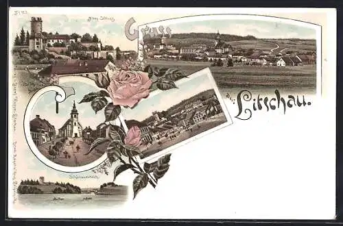 Lithographie Litschau, Altes Schloss, Schönauerteich und Totalansicht