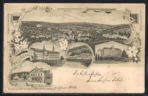 Lithographie Pressbaum, Klaghofer`s Gasthof mit Garten, Pensionat Sacre Coeur, Kirche und Schule