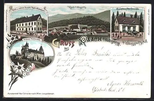 Lithographie Raach a. Hochgebirge, Schloss Wartenstein, Hotel zur schönen Aussicht, Ortsansicht