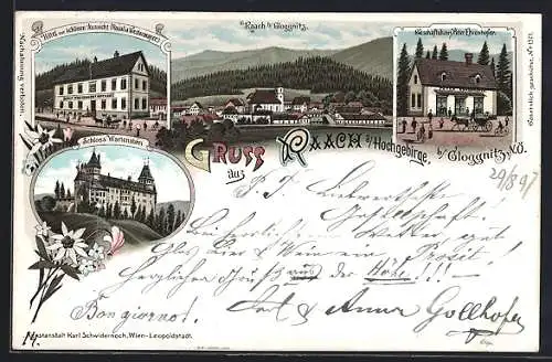 Lithographie Raach a. Hochgebirge, Schloss Wartenstein, Hotel zur schönen Aussicht, Ortsansicht