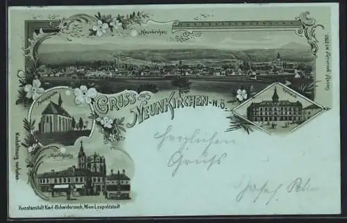 Mondschein-Lithographie Neunkirchen /N. Ö., Peterskirche, Marktplatz, Rathaus