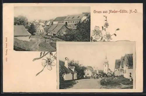 AK Nieder-Edlitz /N.-Ö., Strassenpartie mit Blick zur Kirche, Teilansicht