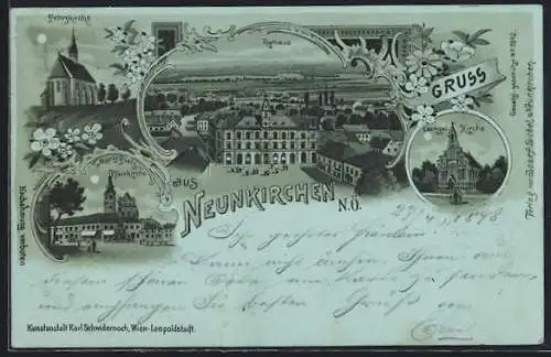 Mondschein-Lithographie Neunkirchen /N.Ö., Marktplatz und Pfarrkirche, Peterskirche, Rathaus, Evangel. Kirche