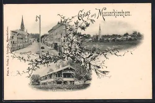 AK Mauerkirchen, Villa v. Secktendorf, Totale, Marktplatz, Blumen