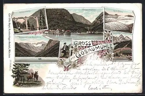 Lithographie Hallstatt, Gosaumühle, Gosauwang, Gosausee m. d. Dachstein, Totale