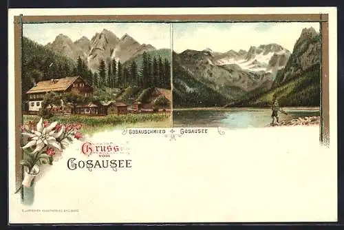 Lithographie Gosausee, Gosauschmiede, Blick über den Gosausee