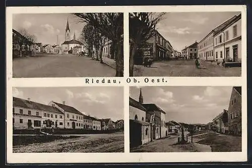 AK Riedau, Hauptplatz mit Mariensäule und Geschäften