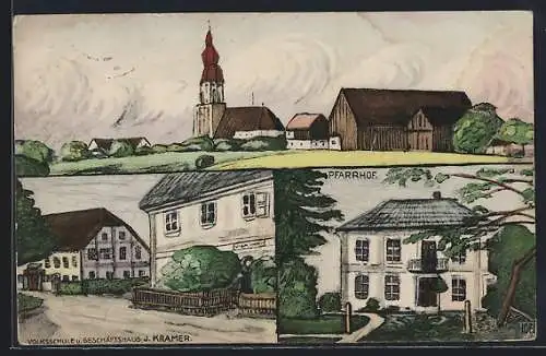 AK Esternberg, Ortsansicht, Volksschule, Geschäftshaus J. Kramer