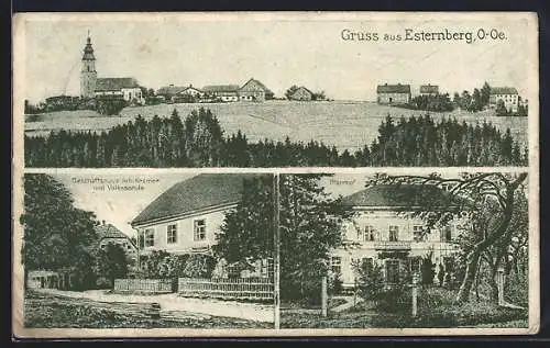 AK Esternberg, Geschäftshaus Joh. Kramer und Volksschule, Pfarrhof, Teilansicht