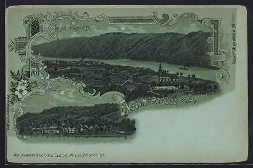 Mondschein-Lithographie Engelhartszell a. Donau, Teilansichten der Ortschaft am Fluss