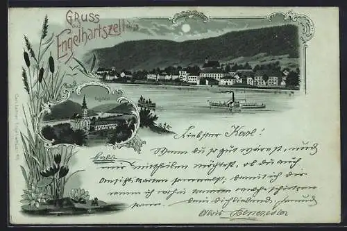 Mondschein-Lithographie Engelhartszell a. D., Engelszell und Flusspartie mit Dampfer