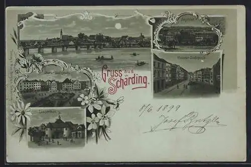 Mondschein-Lithographie Schärding, Linzertor, Oberer Stadtplatz, Institut