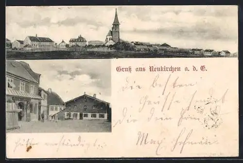 AK Neukirchen a. d. E., Panorama mit Kirche und Strassenpartie im Ort