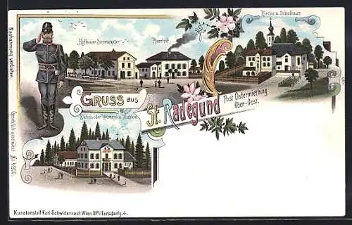 Lithographie St. Radegund, Gasthaus Hofbauer Sommerkeller, Pfarrhof und Kirche