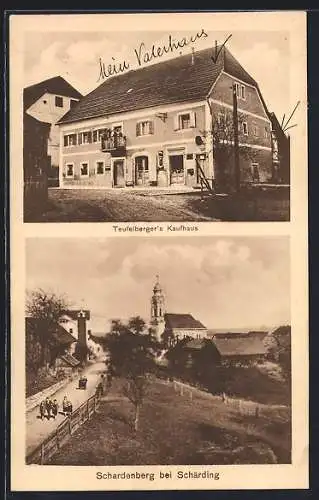 AK Schardenberg b. Schärding, Teufelsbergers Kaufhaus, Strassenpartie mit Kirchblick