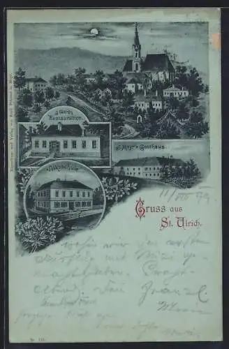 Mondschein-Lithographie St. Ulrich, J. Mayrs Gasthaus, Volksschule und J. Garbs Restauration