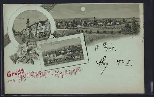 Mondschein-Lithographie Neumarkt-Kallham, Bahnhof und Platz bei Nacht