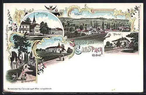 Lithographie Gallspach, St. Georgengasse mit Passanten, Schloss, Pfarrhof