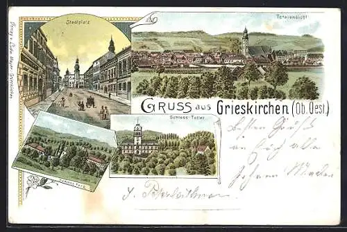 Lithographie Grieskirchen, Stadtplatz, Schloss Parz und Schloss Tollet