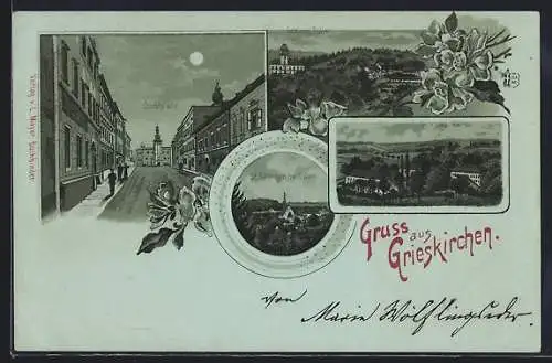 Mondschein-Lithographie Grieskirchen, Stadtplatz, St. Georgen und Schloss Parz